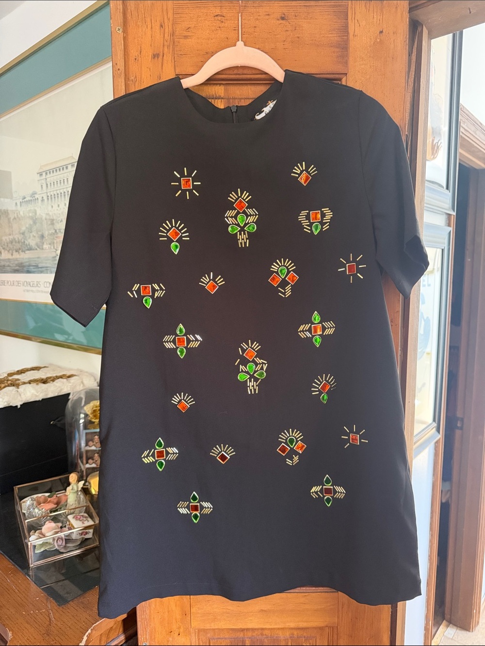 Meghan LA Black Shift Dress with Green and Orange Embroidery